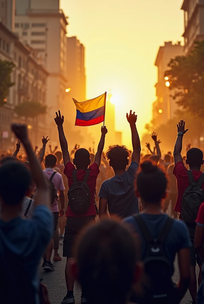 Colombians protesting in the streets of Colombia for the fight for electoral freedoms , everyone has their right arms up. There is hope. A semitransparent Colombian flag crosses the image,  rises from the bottom up to the sky.