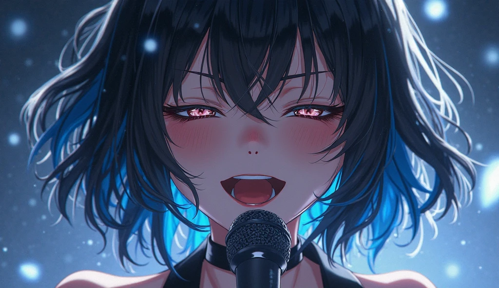 handjob,collarbone,black t-shirt,off-shoulder look,first round,front view,face focus,open mouth,tongue out,cum on tongue,lick,(1girl,Beautiful 14 year old girl),front face,from front,front view,looking at viewer, looking ahead,Black Hair,Beautiful and detailed anime art,Dimly lit room,Simple Background,Gray background,Low lighting
