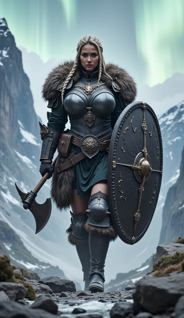a painting of a powerful blonde mountain dwarf holding a combat hammer, in bearskin armor covering his breastplate, she only wears pants that cover her powerful muscular thighs, she wears furry leather boots, holding a large War Hammer, dwarf warrior woman, a beautiful berserker woman, north female warrior, Female Warrior, north adult female warrior, female barbara, dwarven woman, viking feminino, picture of female barbara, female dwarf woman