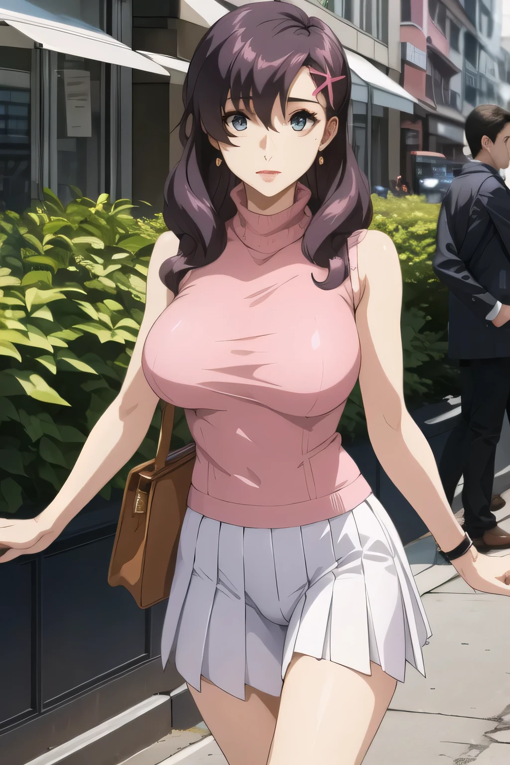 Can you paint her hair pink,smile,Please draw the facial eXpression even more delicately,{{X}},draw her eXpression more delicately,walking alone, city tour ,,(((dressed in casual tourist style))), I have a SLR camera ,(Let's draw a more delicate look),(sleeveless wool sweater),( Pleated Legs,white panties),(That work is enough for one person {X} is very important for work)、 That alone is fine,Frown。unless the job requires it。 {X}、 , an attractive woman in her 40s who jumped out of her uniform, Big black wavy hair, , Big Breasts, Thin Waist , , ,