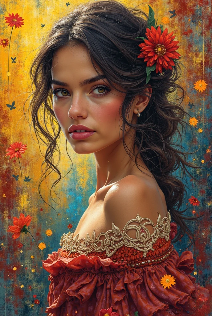 A stunning portrait of Rosi Ramírez, exuding elegance and sophistication as a captivating señorita. She dons an exquisite evening gown, accentuated by a stunning feathered headpiece that harmoniously blends with her dark and curly hair. Her intense, mysterious gaze is complemented by an air of confidence and grace. The dreamy, romantic backdrop is a harmonious blend of pastel colors, evoking nostalgia and a sense of enchantment.