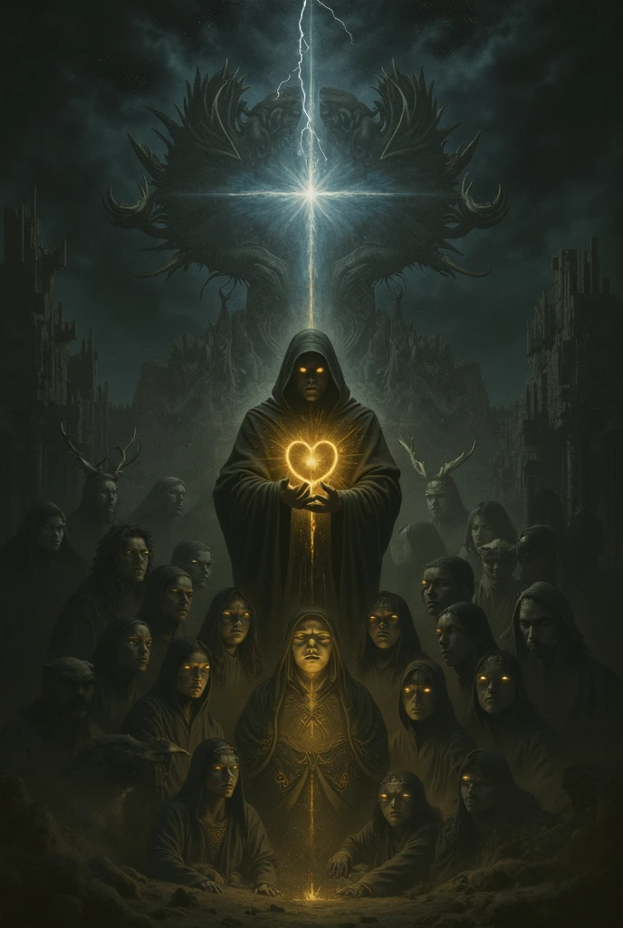 Um meio corpo, Portrait of 3 girls CHILDREN German long blonde hair TRAIDS 12 years, jaquetas couro vermelhas, holding in his hands a cross, um closeup de uma cruz com um raio saindo dela, power metal album cover, Arte Oficial, Album art, arte do cartaz oficial, Naga-Tirr, metal album cover, Arte Promocional, album, arte chave, Arte HDR Oficial, Directed by: Ignacio Zuloaga, arca album cover, album cape, arte detalhada da capa, em um fundo escuro