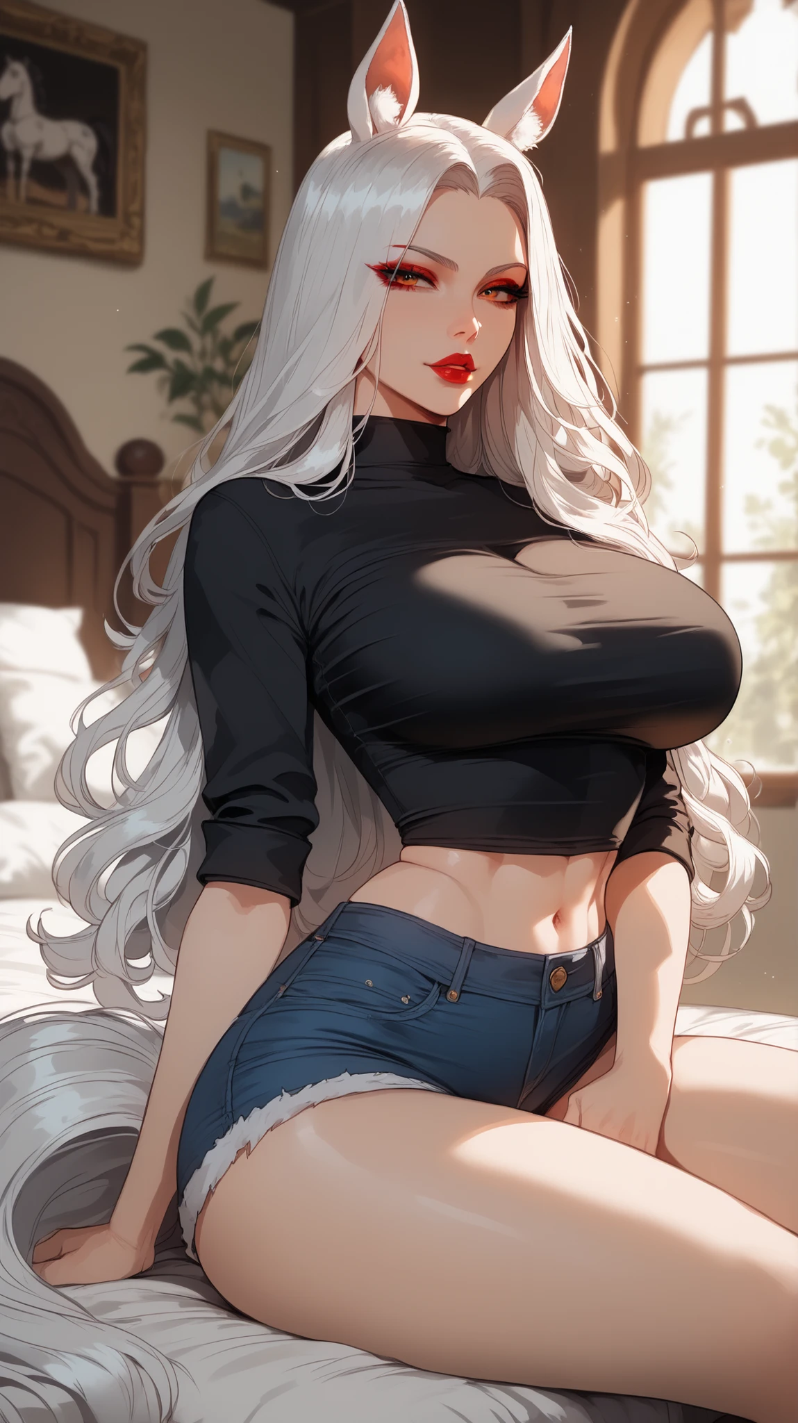 (Best quality, 4k, Masterpiece :1.3, 8k, ultra-detailed, ultra-masterpiece), mature pretty woman, ultra-detailed face, detailed lips, full lips, detailed eyes, double eyelid, wide hips, thick thighs, smooth skin, (big breasts:1.4), round breasts, symmetrical breasts, fake breasts, white hair, red eyes, ((thicc body)), tall, ((huge breasts)), casual outfit, skinny jeans and a black leather jacket over a white tank top.