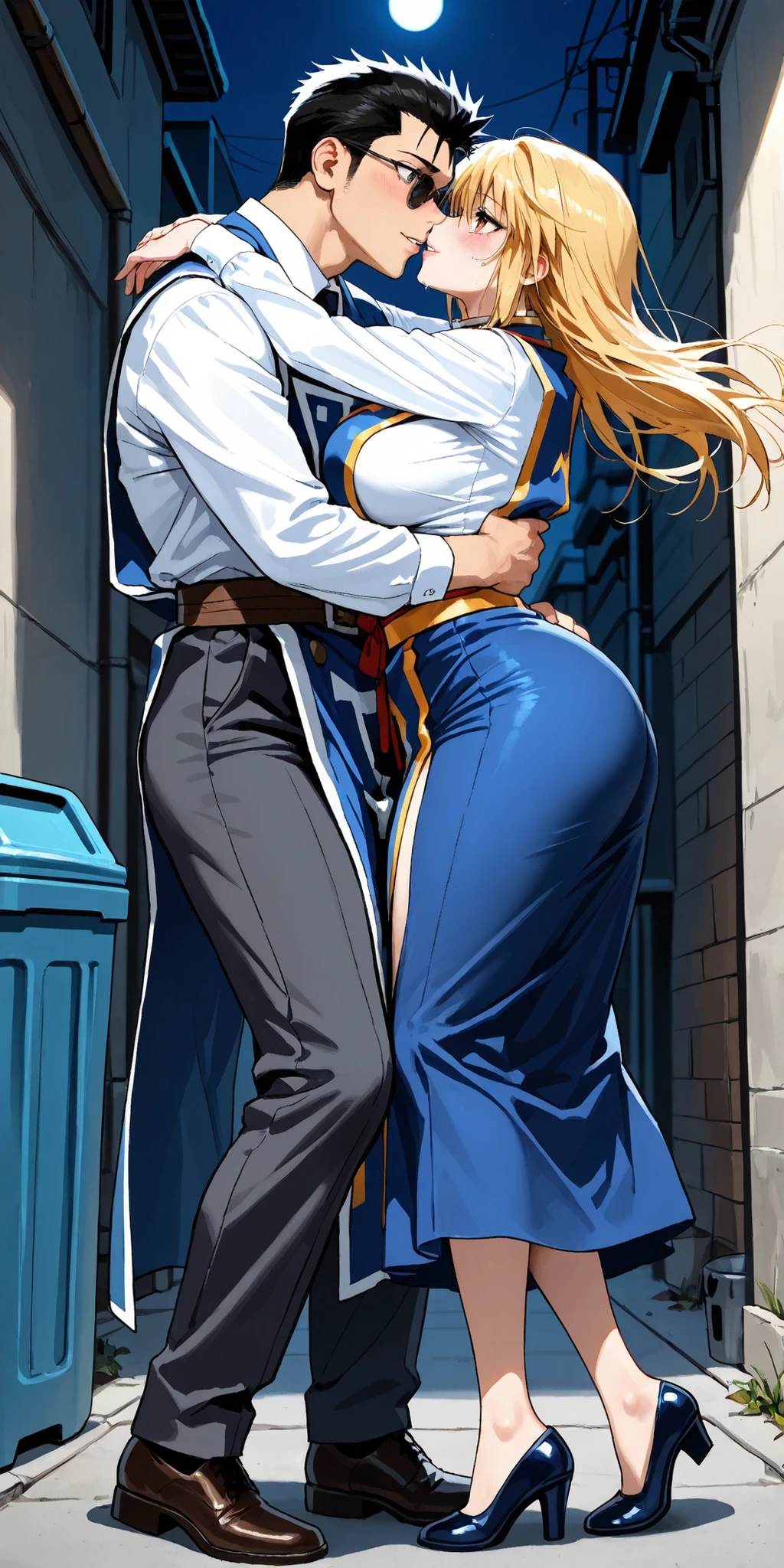 score_9, score_8_up, score_7_up, source_anime,8K,masterpiece, best quality, (amazing quality), very aesthetic, absurdres, newest,highly detailed,high-resolution,close-up portrait,beautiful fingers,beautiful hands,fingertip,female,1woman,{japanese,Kurapika,hxh, blonde hair,(bob hair), bangs, hair between eyes, flowing hair,sanpaku eyes ,scarlet eyes,long eyelashes,shiny skin,glossy texture,pink lips,perfect body,curvy,voluptuous,large breasts, long breasts, saggy breasts,thick fleshy sexy mommys arms,nallow waist,wide hips,(Kurapika(cosplay)),blue tabard,(chest-length tabard), gold trim,breasts curtain,simple shirt, white shirt, long sleeves,((wide golden obi)),blue skirt,long maxi-skirt,slit skirt,dark blue pumps},back alle, trash can,An alley between buildings,night,She is crying tears of joy,(1 girl and a male ,two people hugging and kissing),very tall male hugging a large breasts girl, woman Lean on a man, male hugging a girl from front, (A male looking at the girl and smile),eye contact,upper body,(face close up) ,focused subject,sharp focus,medium depth of field,blush,seductive smile,naughty face,parted lips,standing,pigeon toed,She stands on her tiptoes and leans towards him,A couple is standing,man and woman hugging each other,black hair black eyes tall man and blond hair grey eyes hot sexy beautiful girl hold hands, she is blonde hair in business suits,the
very tall man is the business suits, They are street standing next to each other and looking at eachotehr will love and smile at each other,BREAK,1man,adult male,Leorio Paradinight,(he is wearing small round sunglasses),((very tall man)),long legs,A man with sharp eyes,BREAK,from side,clean lines,smooth lines,sharp,masterpiece, best quality, amazing quality, very aesthetic, absurdres, newest,BREAK, eyesHD, high gradient eyes, detailed eyes, high definition eyes,nsfwEMPXL,ffacedetailxl,negativeXL,NEGATIVE_HANDS,Guilty Gear style