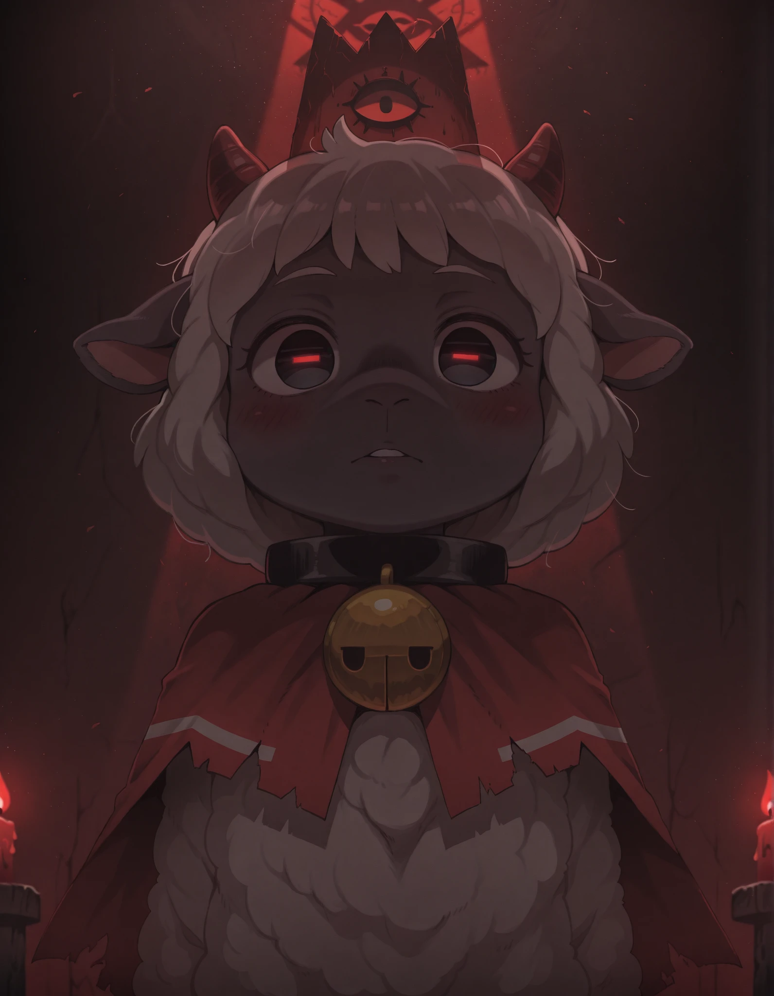 dagasistyle,, 1girl,solo, cult of the lamb, sheep girl, collar, horizontal pupils, red/black eyes, red crown, , gobo lighting, shadows