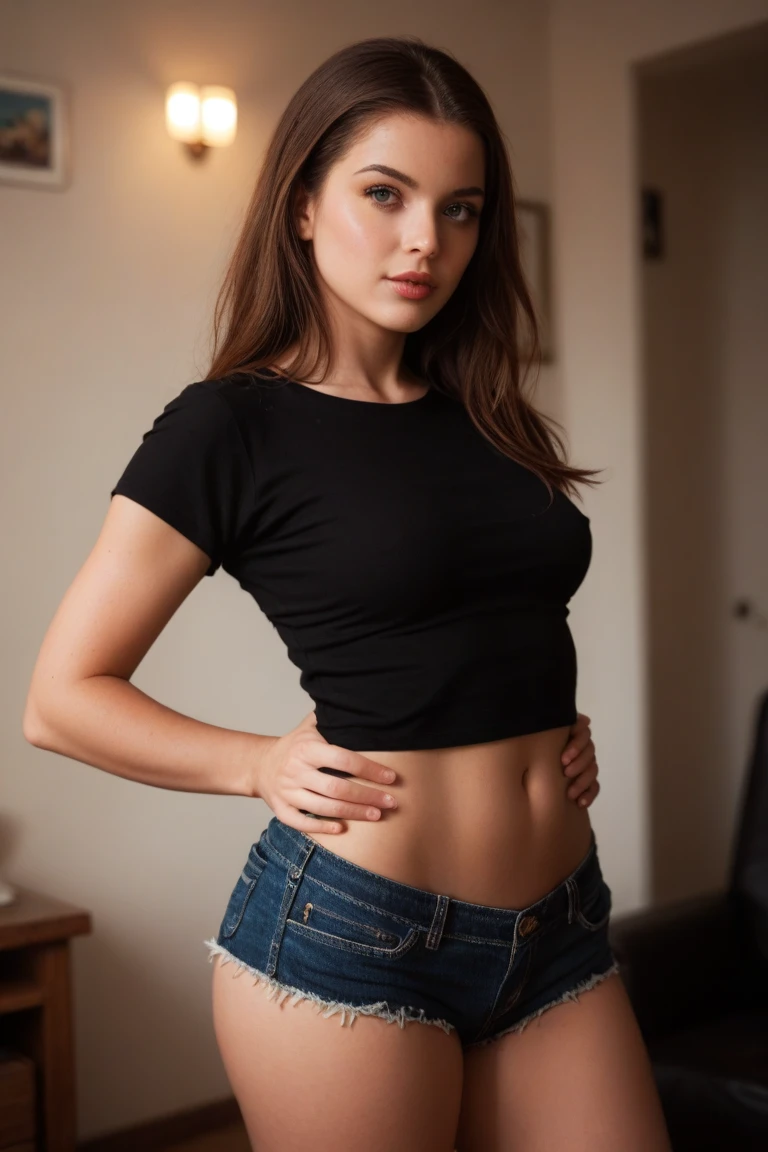 (cute girl, black t-shirt, jeans pants 18yo), brown eyes, brown hair, background modern room, kiss, beautiful, medium breasts, flirtatious look, ((very detailed)), (perfectly detailed face), (well detailed hand), photorealistic image. dark and moody light: 1.2
