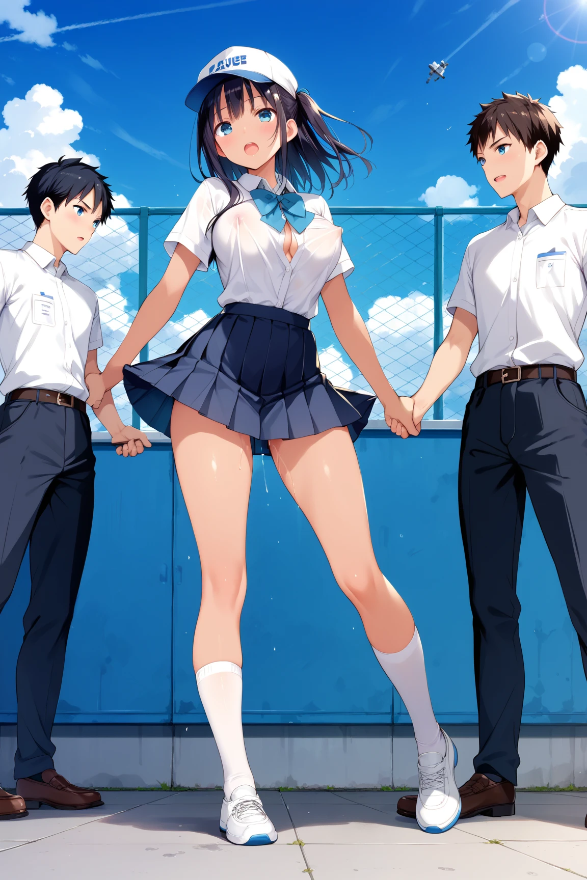 blue eyes, black hair, high res, happy and excited, tiny girl, penis penetrating pussy, sex not noticed by large crowd, wearing long wet shirt, background with large crowd, at amusement park, persons close on left and right side and behind and front, lay on low seat, in a contraption, small wall, tangled up