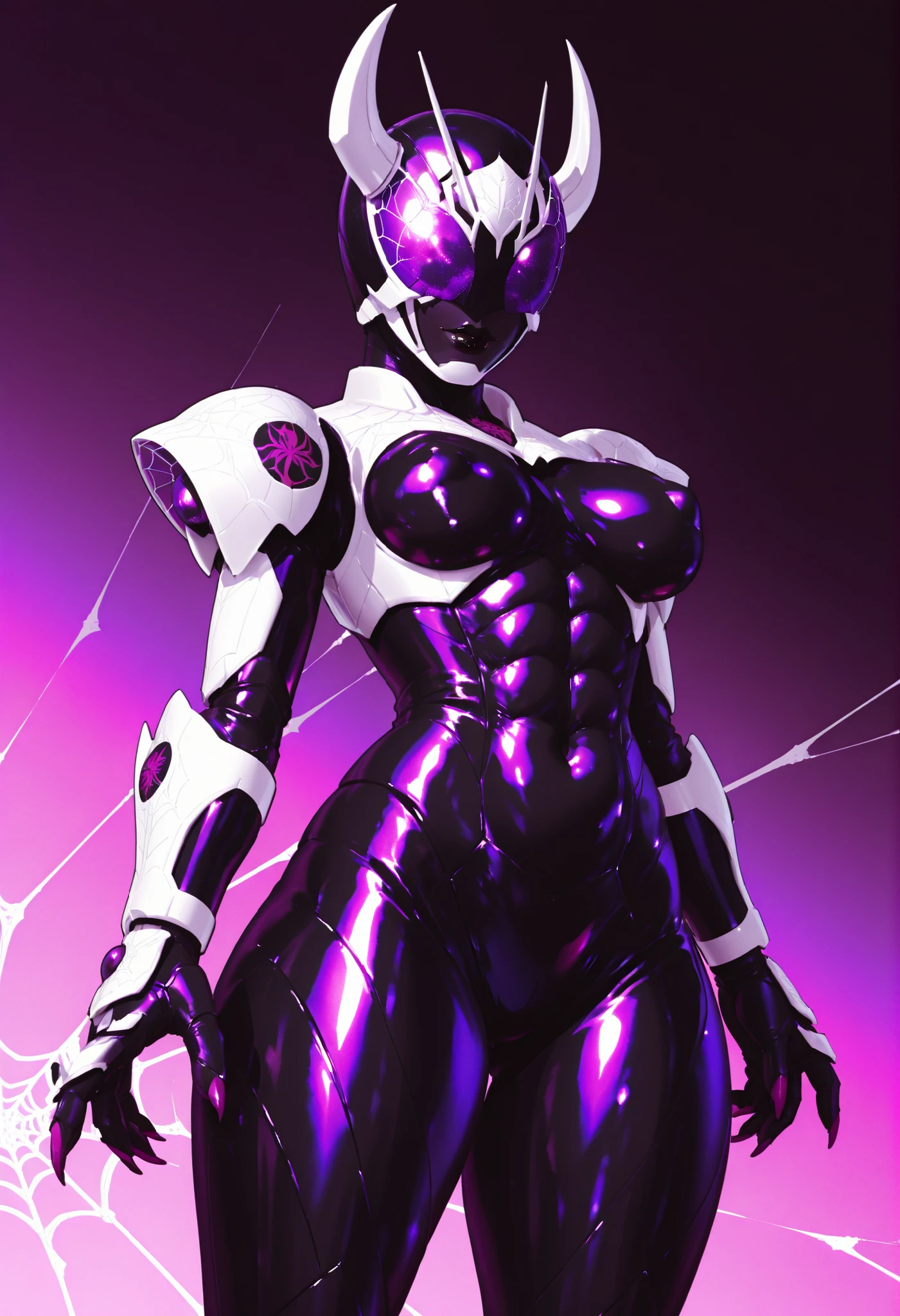 A robotic girl. Spider motif. Kamen Rider design lines. Biological machine. Black and purple image colors. Latex and metallic texture. Face helmets. Strap helmets. Spider web helmets. Stud costumes. Spiky. Devil horns. Black lips. Perky breasts. Abs. Curvy waist. Thighs. Pink sharp claws. Bladed gauntlet. Insect legs. Mechanical insect elements.