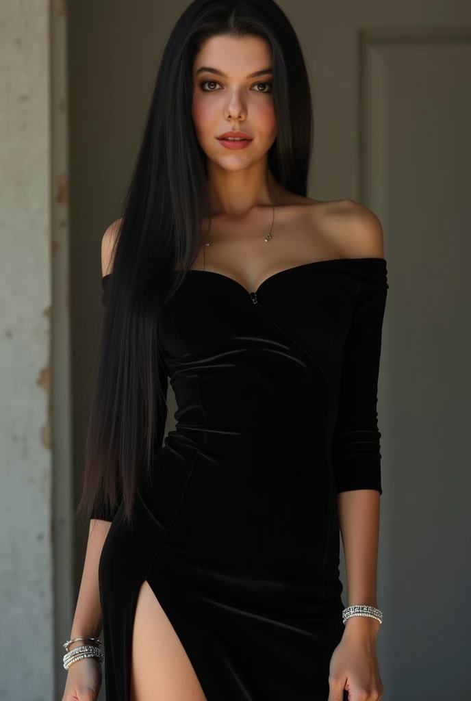 Chinese beauty in a tight, maxi-length black dress with a slit to show off her entire body。