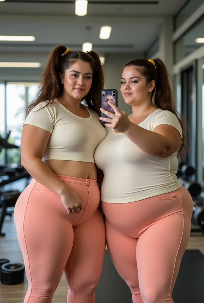 (2heads), conjoined, no facial hair, A very feminine face, caucasian, Long brown hair, morena, , with glasses on, thick-thighs, Curvy, wide hips, visible curves, Chubby, fat, , Unsportsmanlike, Very broad shoulders, sweaty :1.5,Wet, ,drenched:1.5, (wear a tight sports bra and leggings):1.7, beautiful hair, Very Wide Hips, Unsportsmanlike, Chubby, visible curves, Realistic ,conjoined, no facial hair, A very feminine face, , (full - body, in the gym: 1.2), wet body: 1.1, Highly Detailed Facial and Skin Texture, 詳細な目, 二重まぶた, light skin, Sexy, suntan , suntanned skin, dark skin,