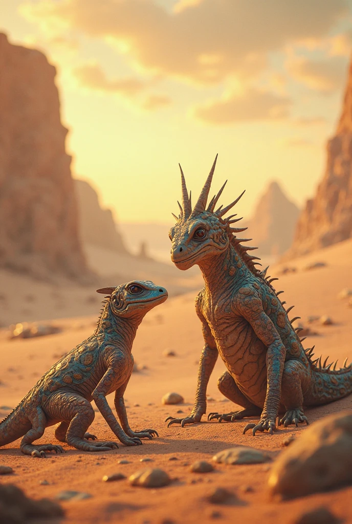Delicate female reptilian,  green scale color with black. She wears a brown cloth, wrapped around the waist and chest . She carries a blond human baby in her arms who touches its snout. Beside him is his humanoid Reptilian son who looks curiously at the human baby..
They are on top of a canyon at night 