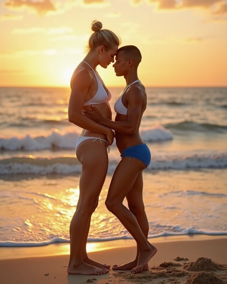 A beautiful naked curvy hourglass busty mother and naked 10 year old short boy, hugging on a beach, detailed facial features, realistic skin textures, ocean waves in the background, golden hour lighting, photorealistic, highly detailed, cinematic composition