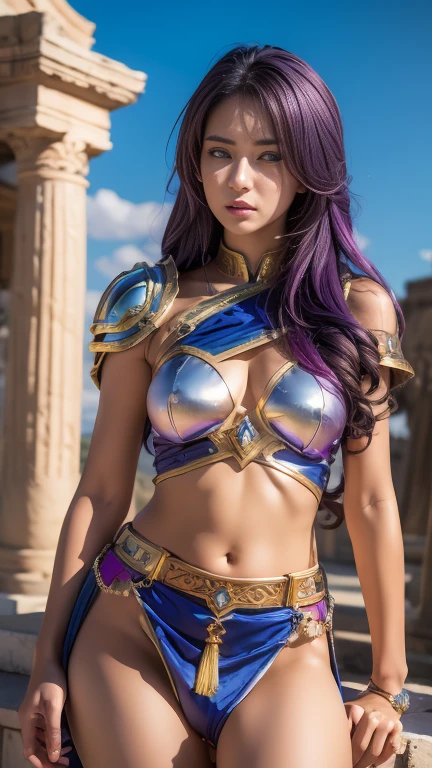 one woman, 25 year old, Greek goddness, purple hairs, blue eyes, greece, ancien temple, perfect bosy, masterclass, HD, 8k, wearing an armor, armor with a mayan design, white cape, dark enegy aura, in an ancient greek temple in ruins