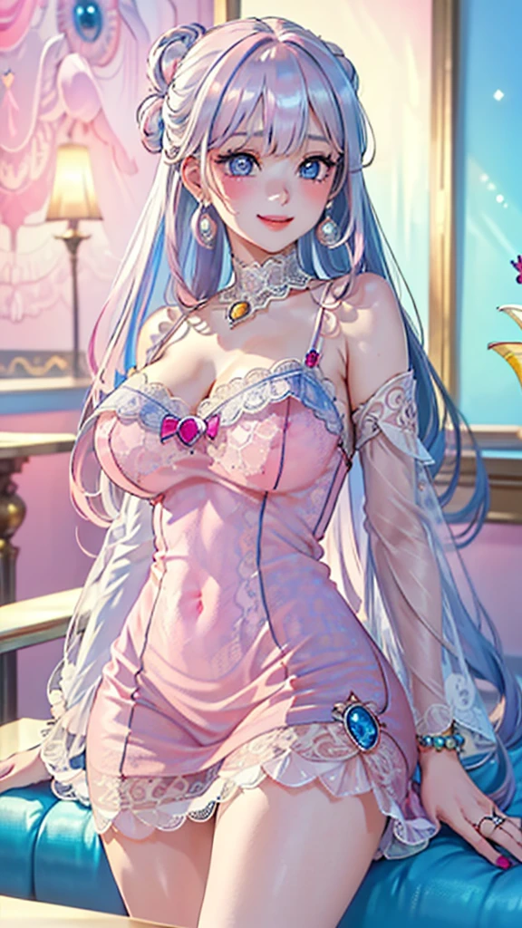 Character Details:, - Gender: 1 Girl. - Style: Anime, - Body Type: Attractive body, slim body, nice legs, slim tights, nice arms, nice shoulders. - Breast: ((Small Breast:1,5)), Cleavage. - Facial Feature: Beautiful, Gorgeous, Teenager, Fresh, Young. - Expression: Shy, Smile, Horny, Pink Blush on Face, Sexy Eyes, Sexy Look, (Sweating:1.4), Innocent Look, Tipsy. - Hairstyle: Blunt Bangs, Long Hair. - Hair Color: Light Blue Hair. - Clothing: ((Wedding Dress:1.6)), (off-shoulder:1.6), (Stocking:1.4). - Body Pose: (Kneel). - Behaviour: Waiting, Want Something, Secretly. - Accessories: Earrings., Environmental Details:, - Setting: Bed Room., - Lighting: Natural Light., - Decoration: Modern Bed, Desk, Chair, Window, ((White Curtains:1.6)), City View. Top view. pov, anime style, UHD, retina, masterpiece, accurate, anatomically correct, textured.