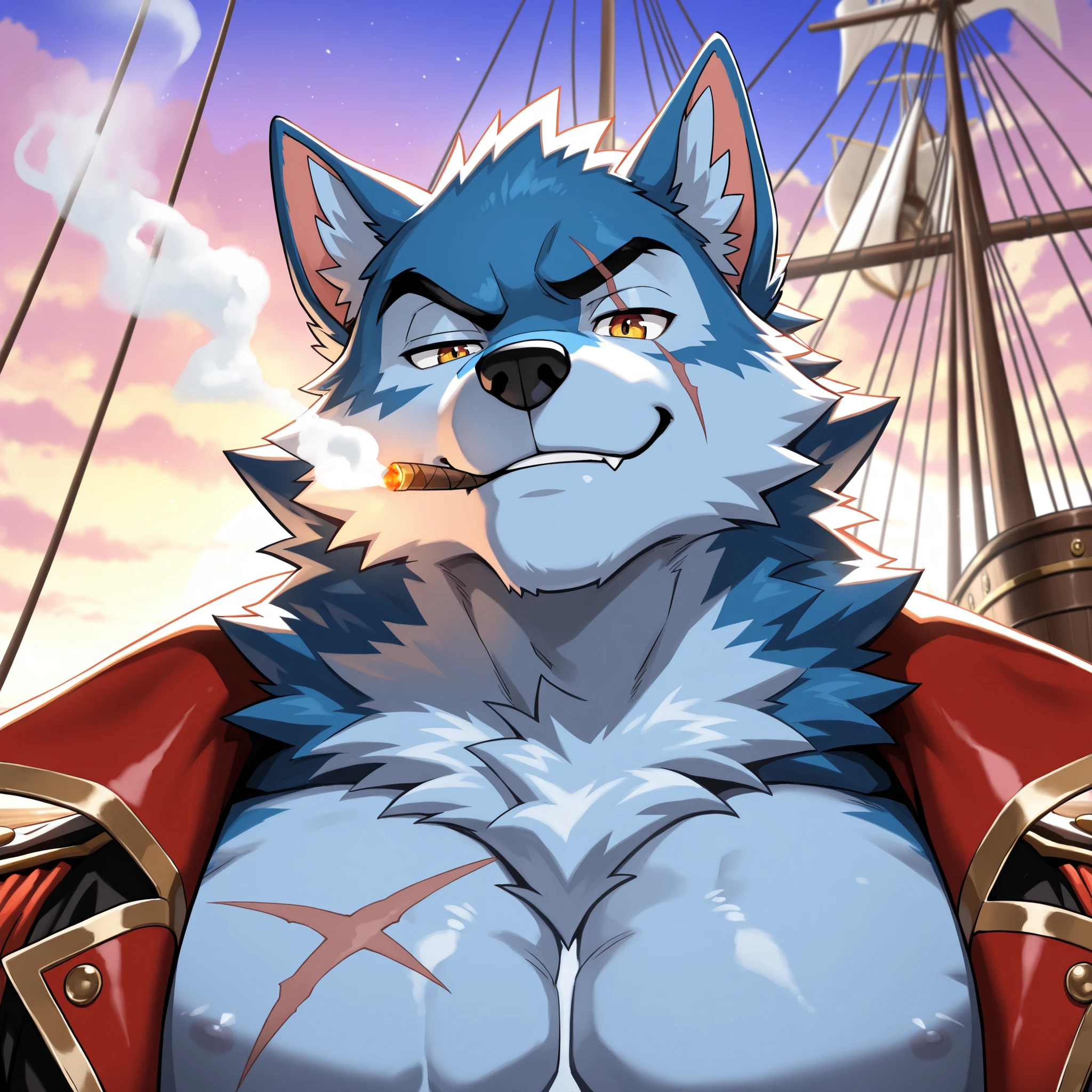 Solo, Male, Gray Wolf Pirates,Sailor's turban,cheeky face, Wide face, Broad shoulders, Muscular, buff, Strong, Tall, Huge , Gigantic, large biceps, Huge pectoral muscles, General's belly, blue colored eyes,Gray-blue hair,Determined gaze,detailed crotch, massive bulge,at pirate ship