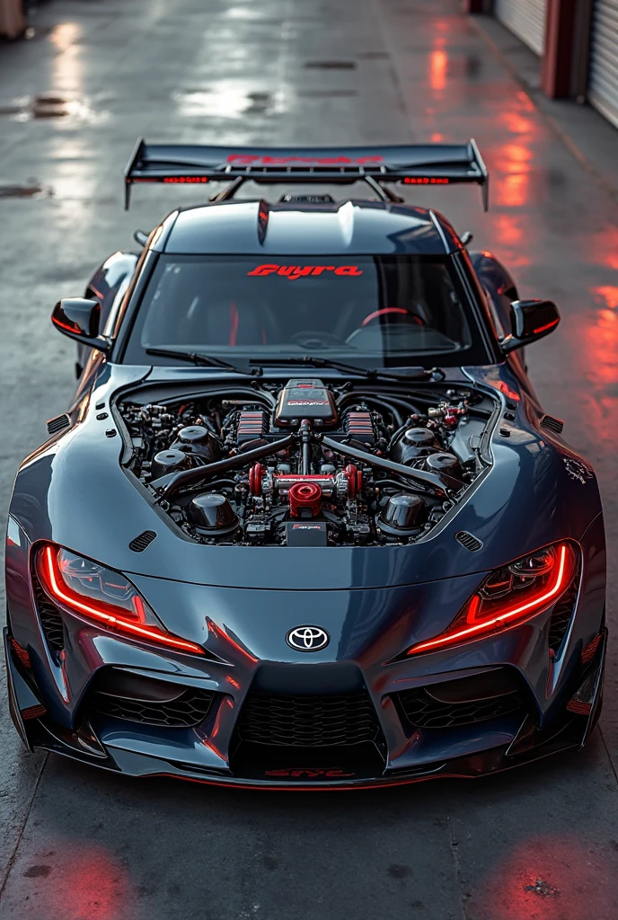 Toyata supra , black color mixed with red , spoiler carbon fiber,
mention as Gamers Arsenal in the hood , headlights on,full size, parked in the garage , realistic , dick face