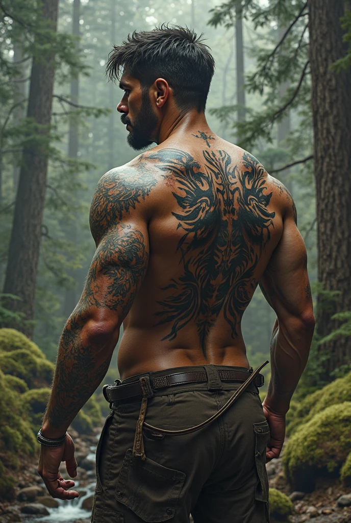((Best Quality)), ((Masterpiece)), (detailed), 1 man (sexy killer) , shirtless with tattoos and black hair in a forest