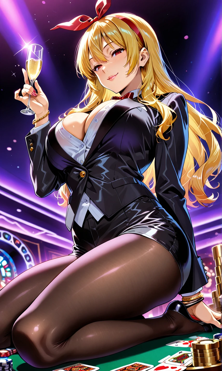 Highly detailed illustration, super cute and beautiful lady,long sleeves, detached collar, breasts_out, navel, (no_panties:1.3), (pasties, maebari:1.1), (reverse bunnysuit:1.3), show off stomach,((((sagging titis)))), (((big titis))), beautiful blush((((ecstatic))))smlie face and eyes, beautiful shoulder length bob ((Blonde)) Blonde hair, ((((casino room)))),((Boldly open legs)),low angle shot,sitting table,