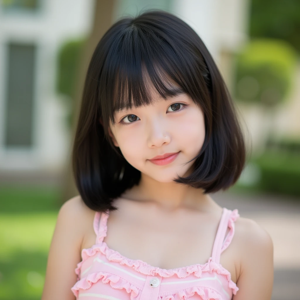 One girl, Fluffy short hair,Black Hair,smile, Pink Tank Top,Before betting,Standing,Big eyes,Innocence,5th grade elementary school,Look here,Small swelling in chest,transparent, (masterpiece, Highest quality), Soft Light, Structure of the film, Like a movie