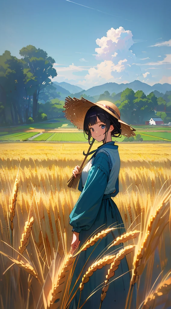 Wheat field, a girl uncle with a straw hat standing in a wheat field, large rice field, neat rice seedlings in the field, forest, hillside, secluded, rural, HD detail, hyper-detail, cinematic, surrealism, soft light, deep field focus bokeh, ray tracing and surrealism. --v6