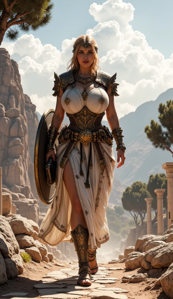 A female knight with Shield known as the Queen's Shield, best quality, masterpiece, white hair, gold eyes, white clothes, looking up but full body, full body, white silk dress with deep cleavage, bare feet, amber necklace, red lips, seductive gaze, volumetric lighting, realistic, meadow background, thick thighs, muscular body, jewelry, realistic, raw, analog, woman, photorealistic, analog, realism
