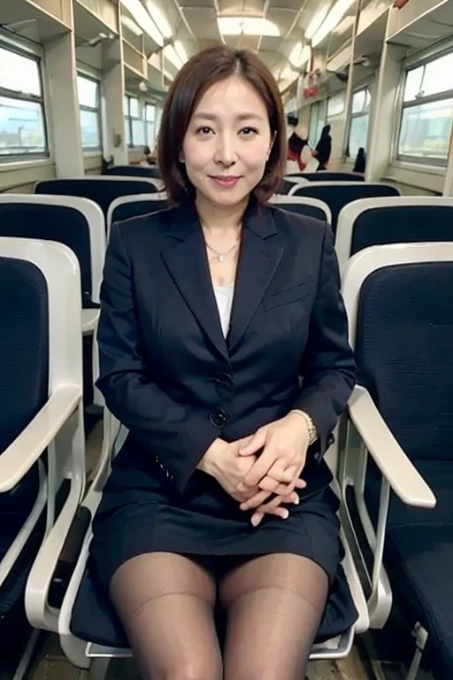8k quality,masterpiece,best quality,Chest:2.5),50 year old woman,Black underwear,Black panties,Inside the tram,Black tights