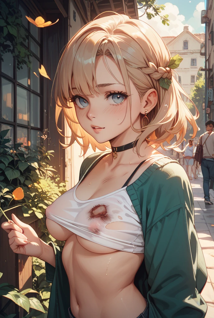 ((topless)), nsfw, masterpiece, 1 girl, erect nipples, nipples, navel, necklace, scottish kilt, smiling, hair ornament, bare breasts, bare stomach, sweaty, cowboy shot, small breasts, puffy nipples, hair ribbon, texts, bare arms, collarbones, blonde, flower crown, smiling, petite, flat chest, blue eyes, scottish skirt, small breasts, child, apple basket, farm, alpine, temperate, nude, slim waist