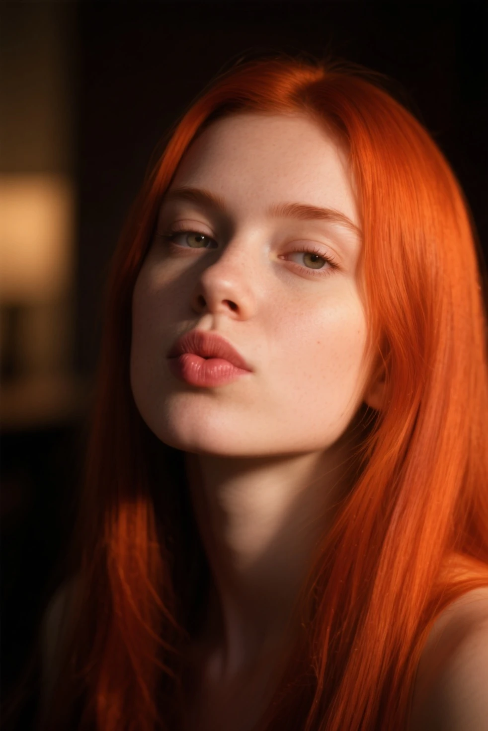 portrait of a woman (((long red hair))) Profile, with wine lipstick and wine dress