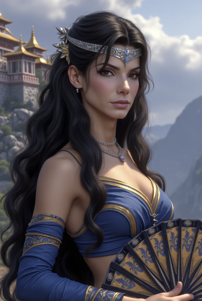 ultra realistic 8k cg, (ultra detailed background, delicate pattern, intricate detail, highly detailed, fine details), best quality, (photorealistic:1.4),beautiful lighting, absurdres, RAW photo, film grain, ((medium breasts, slim girl,  close-up, portrait)), NicoRobin, 1girl, solo, black hair, long hair, jewelry, (earrings, blue eyes), ((slim girl, medium breasts)), cleavage, smile, dress, cape, epaulettes, navel, midriff, blush, collarbone, (complex detailed background, blue sky, nature environment, close-up, portrait),