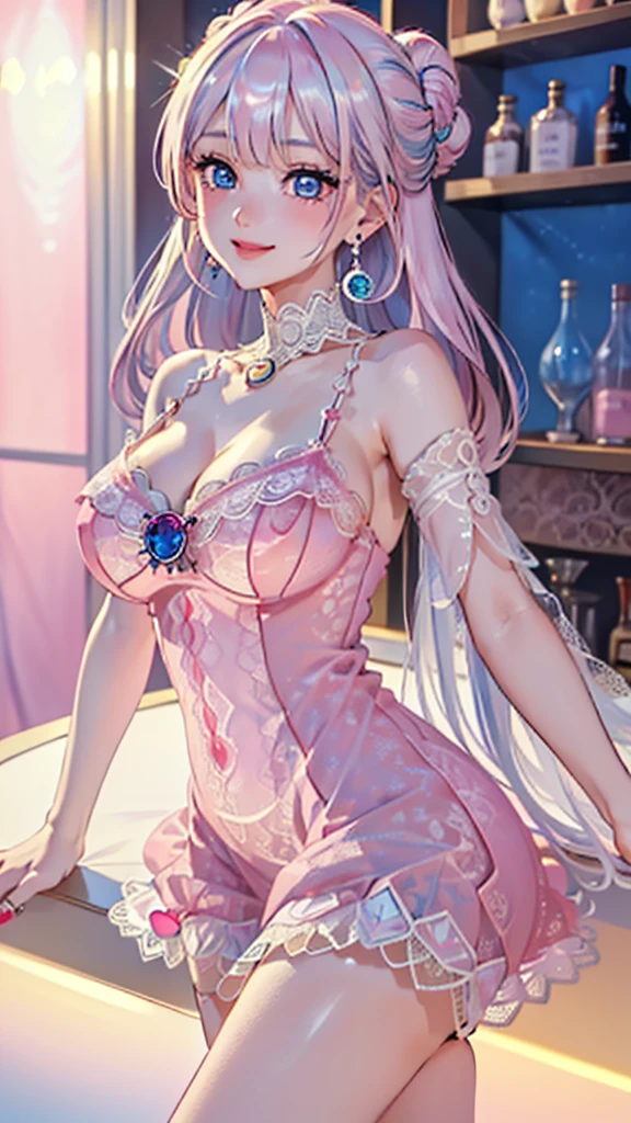 ((Highest quality, 8k, masterpiece :1.3)), (Sharp focus :1.2, Beautiful woman with perfect figure :1.4, Slim Abs), ((Big Breasts, Emphasize cleavage:1.2)), (Photorealistic:1.4), (realistic:1.4), (Pink Hair:1.5), Highly detailed face and skin texture, Fine grain, double eyelid. Makeup face, A little bit of lipstick, sex appeal, Sexy gravure pose, ((A beautiful woman wearing a pale blue see-through dress、She flaunts her legs and gives seductive looks in the relaxation room of a luxury spa.。:1.3))