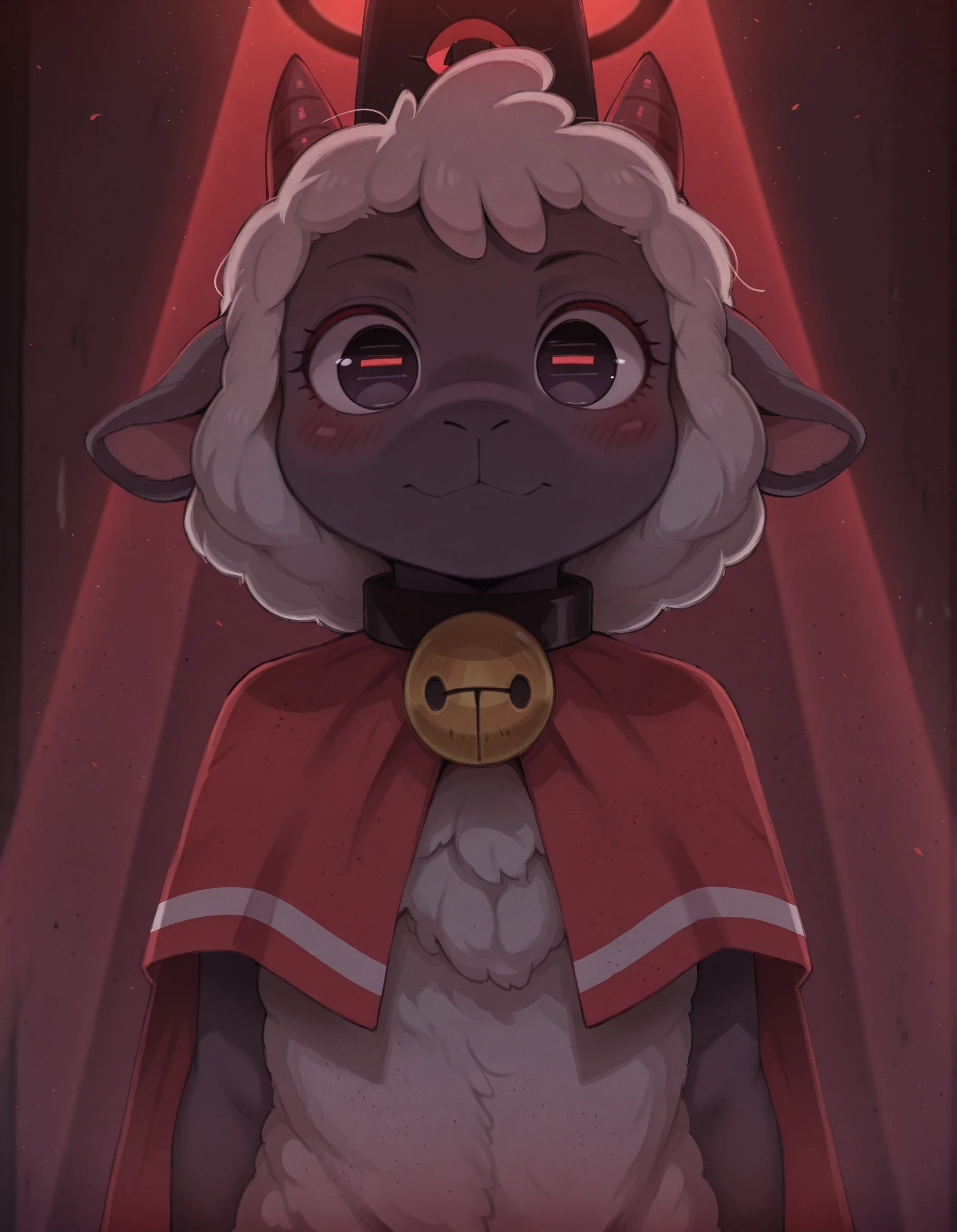 dagasistyle,, 1girl,solo, cult of the lamb, lamb_cult_of_the_lamb, anthro, female,, sheep girl, collar, horizontal pupils, red/black eyes, red crown, , gobo lighting, shadows