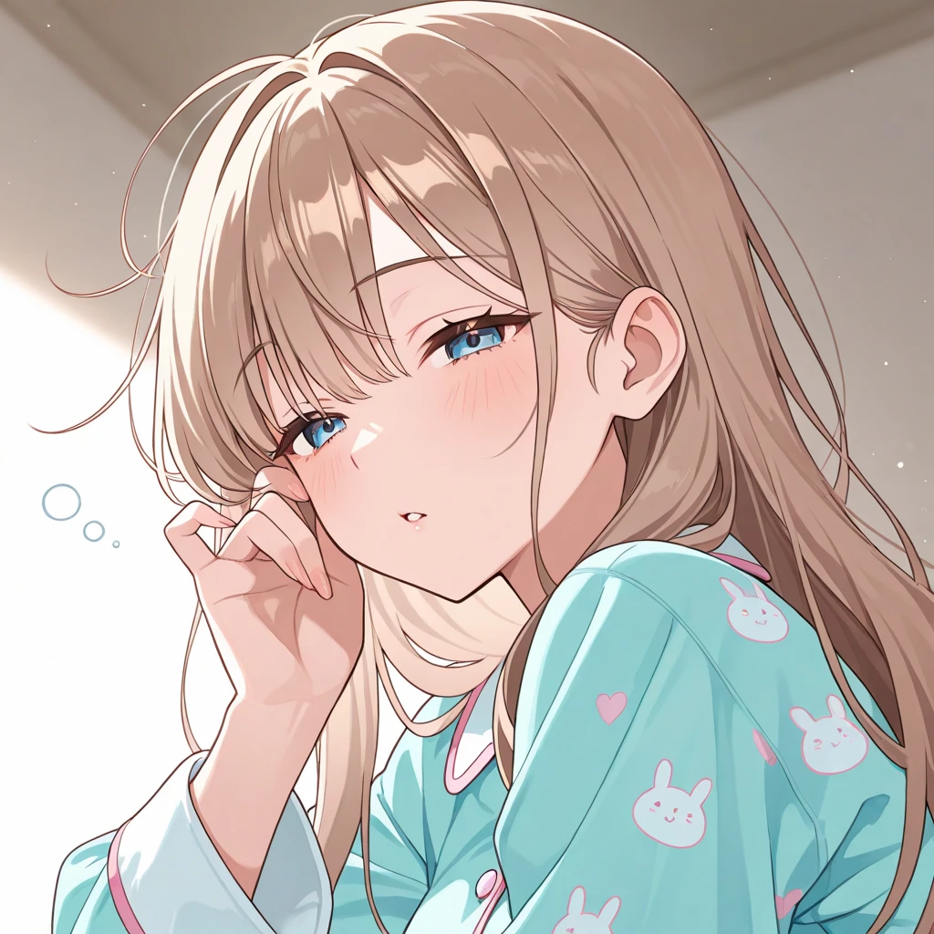 Highest quality, High resolution, masterpiece:1.2, Very detailed, woman1people、cute、Small breasts、(blouse)、Red ribbon、Beige hair、Very young、bed、(Pink Cardigan)、Straight medium hair、Popsicles、((Lots of hearts in the background))、((Popsicles咥える))、