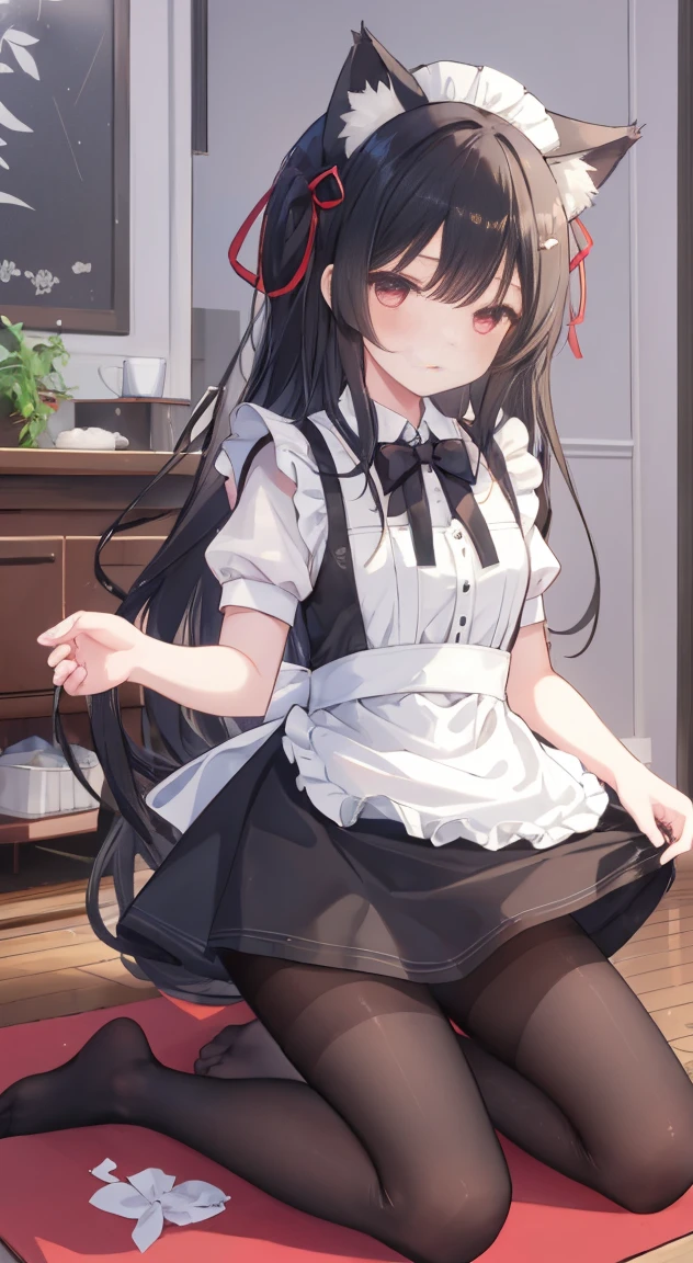 adulto, Cabello negro ondulado, mirada penetrante con ojos profundos de color rojo, estatura promedio, Silky hair with a ponytail hairstyle collected with a red bow with two white lines, tiene pechos grandes, primer plano, session, standing in the middle of his room [[[[Maid]]] , Sonrojada, muslos grandes, maid, elfa 