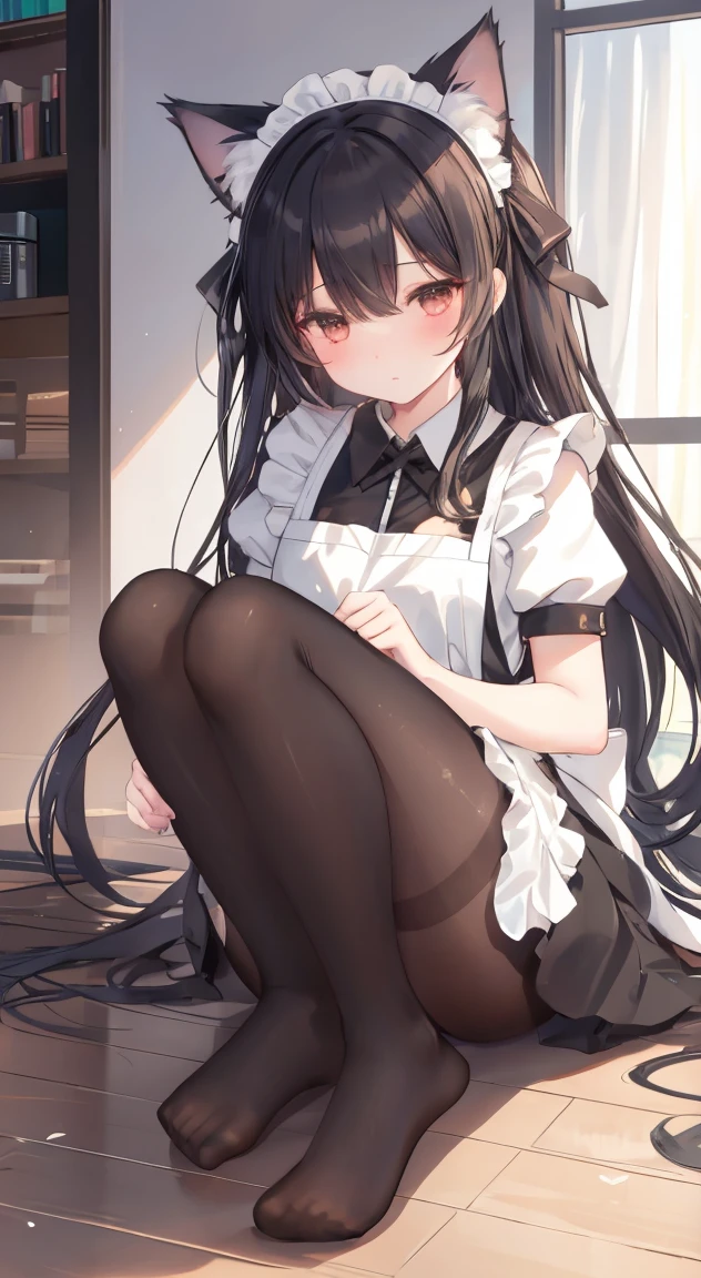18-year-old boy,cute,Wear the maid outfit and a black work tie,Wear a maid hat,Wear cat ears,Wear black pants,Wear black booties,Wear white gloves,Black hair,Black eyes,blush,sweat,porn pose