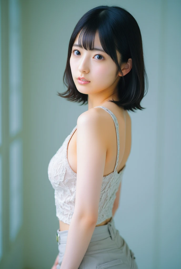 Anime girl with short hair bandaging her chest
