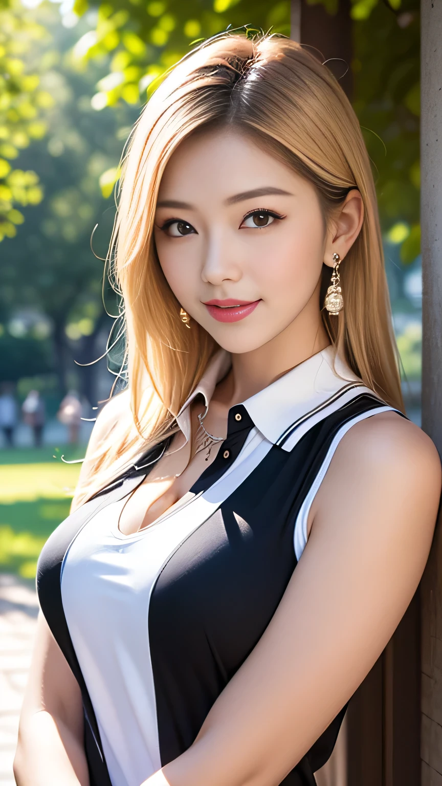 highest quality, figure, Ultra-detailed, finely, High resolution, 8K Wallpaper, 完璧なダイナミックな構figure, ((Sexy pose)), Beautiful Skin, (Big Eyes), 20 year old beautiful girl, Natural color lip, Mid chest, smile, Highly detailed face and skin texture, Detailed eyes, Double eyelid,leaking teeth and laughing, close-up, Blonde Long Hair, (Khaki shirt:1.2), cherry blossoms