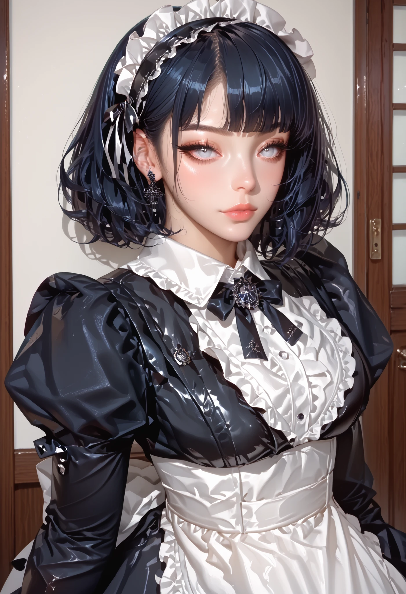 (masterpiece),(Highest quality),(High resolution),(Very detailed),One Woman,Japanese,Dark Blue Hair,Short Bob, White Eyes, Beautiful Eyes,Long eyelashes,Beautiful Hair,Beautiful Skin,strict,whole body, Serving beer To Man's, At Private Room, Started Conservation with Man's, Japanese-Gothic Maid Custome.