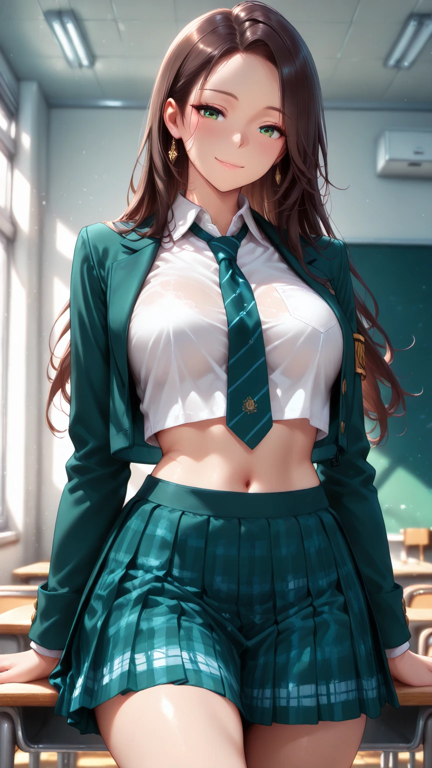 (masterpiece, best quality), 1girl, <lora:wakasayuri_4:0.8> yuri_wakasa, brown hair, green eyes, long hair, hair clip, cardigan, large breasts, black thighhighs