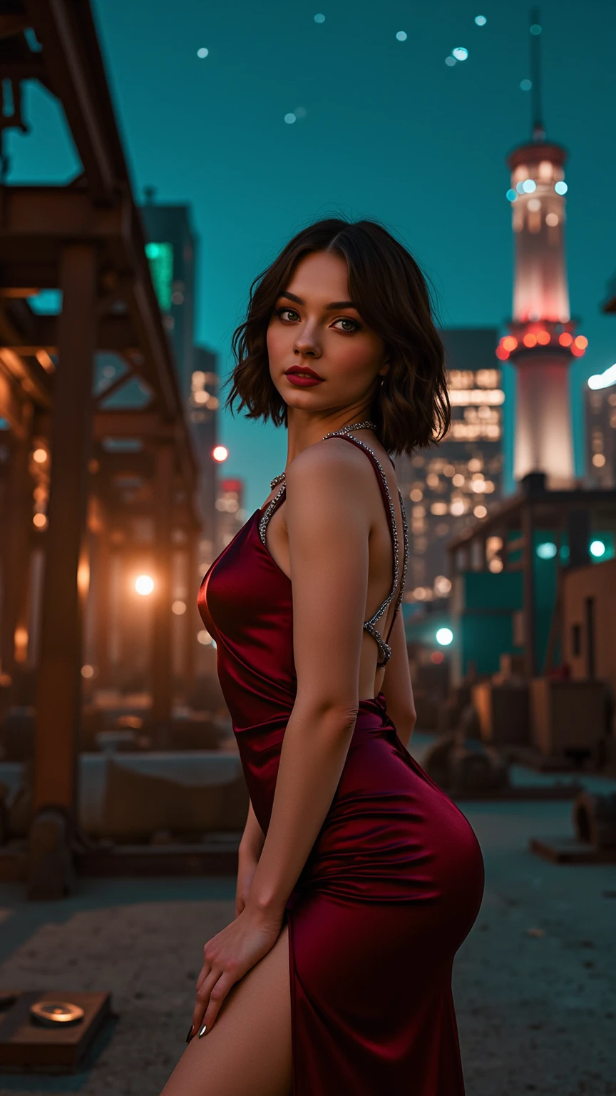 Masterpiace, high quality, ultra detail, woman, crop top, latina, long hair, skirt, red lips, from above, cinematic lighting, city ligths, river, bokeh, ship, sexy posture, (medium size beautiful breast), deep cleavage,