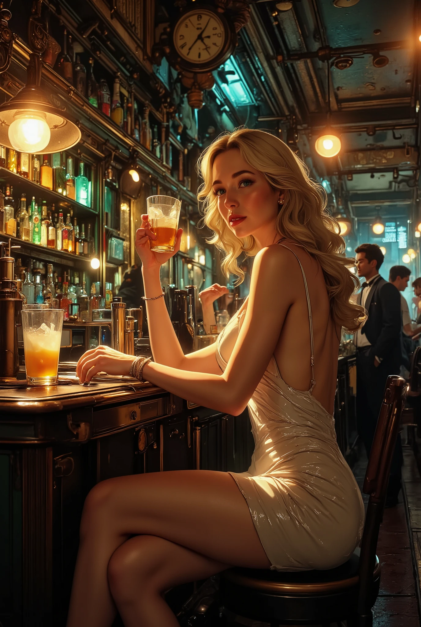 ((Underground Bar Counter highlighting Drink on the table and the glass with whiskey, woman with a drink holding it subtly with delicate elegance , (Woman in a shiny short frosted dress,  BLONDE WOMAN , long hair sitting at the counter of the Underground Bar, in the background drinks on display hundreds of different ones, Barmen's , great movement and agitation in the Underground Bar , Classic Colors reference to Great Gang Movies , suspense type air 4k quality HD quality , like any self-respecting bar Stunning woman singing with an incredible band in the background,  climax relaxation good a hint of good humor , sophisticated ambient sound but the center of attention are the hundreds of drinks , beautiful people ,  dancing ,  some talking  ,all the information mentioned above is completely and completely unchanged))