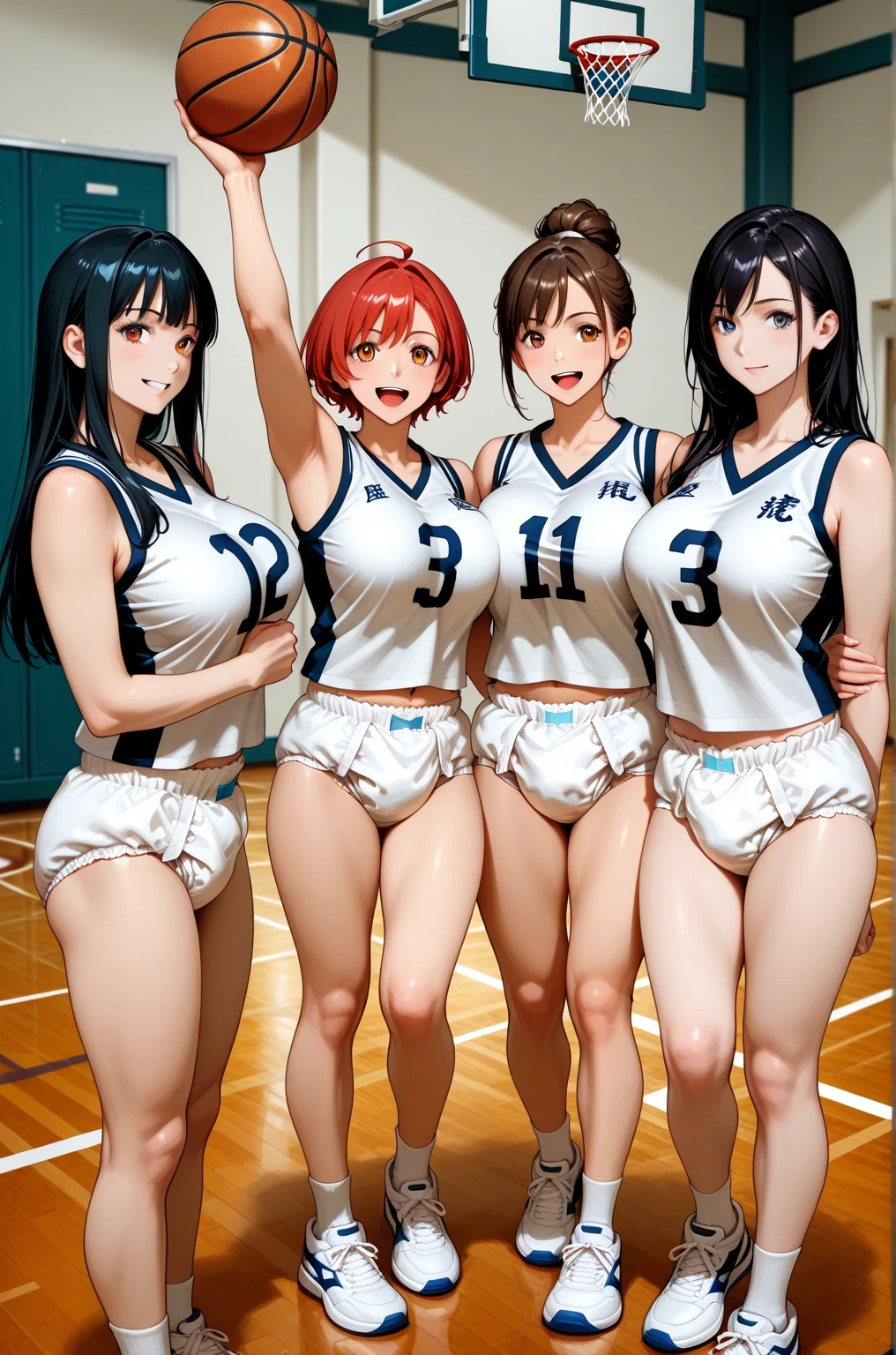 mastute piece,Best Quality,insanely detailed,8k cg,nsfw,
(2girls,line up in a row,show sideboob,side by side,(same orange basketball uniform,no bra,no panties),blush,shy,ecstasy face,gasping,trembling,pink hair,perfect breasts,perfect nipples,open mouth),
indoor playground,