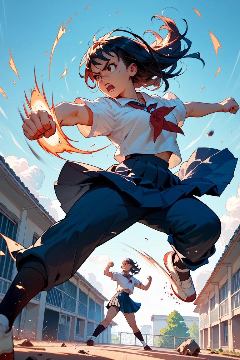 kasugano sakura,
Brown eyes, Brown Hair, short hair, bangs, Ahoge, head band, , Puff sleeves, Crop top, Yellow neckerchief, Blue Skirt, Fingerless gloves, Thighs, White socks, Red footwear,(Upper Body:1.3),Open your mouth,(Drop Kick:1.3),Panty shot,(Camel Toe),masterpiece,Noise Reduction,Perfect Anatomy,High resolution, Very detailed,Game CG,Dutch Angle ,Beautiful attention to detail,Visual Arts,Five Fingers, Perfect hands, Perfect lighting,
