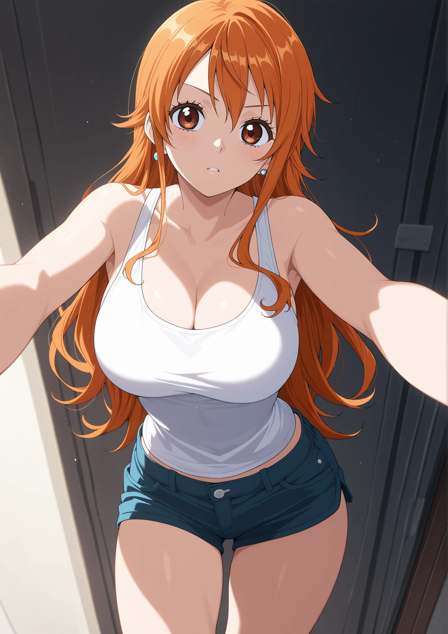 (((masterpiece))),fuyumi itadori, Anime girl characters, 1girl, solo, looking at viewer,long hair, red hair,green eyes, long sleeves, cleavage, bigger breasts, open mouth, collarbone, jacket, open clothes, open jacket, blue jacket, ground vehicle, sports bra, tall girl, horny, big ass, beautiful face,Charming, Tight-fitting clothing, hd picture, 4k quality, details of the face is so good,uhd picture, smile face, Flirting,All bodies visible, Standing pose,stand, details of face, ULTRA HIGH RESOLUTION!!, 