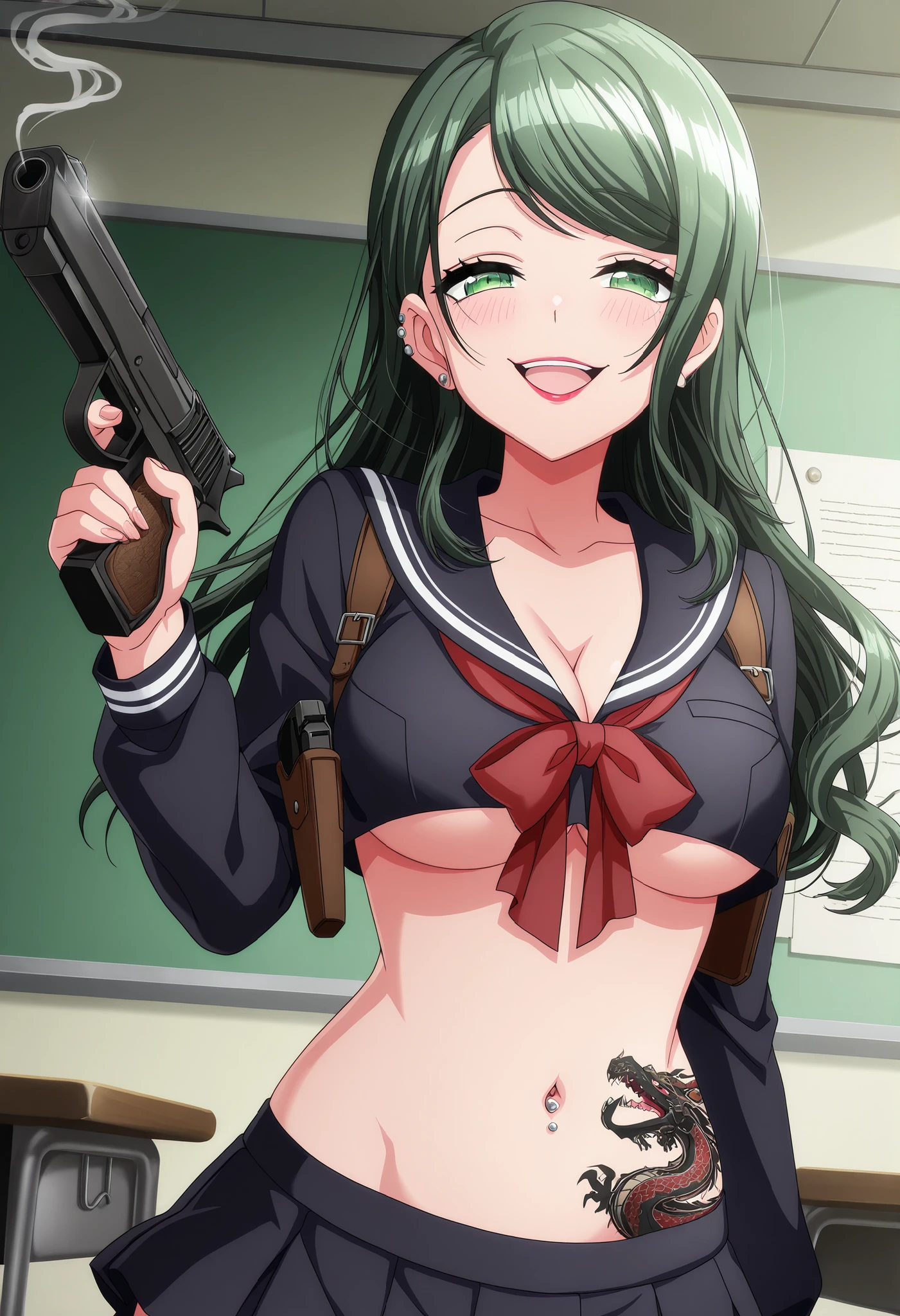 Fuka, 1girl, solo, blush, lipstick, long hair, crazy eyes ,Hot girl, baddie, staring, glaring, bad attitude, mean girl, crazy, smoking, sensual, attractive, masterpiece, best quality, highly detailed, a anime girls in sailor uniforms with a gun posing for a picture,
evil smile, smile, open mouth,black_serafuku, ecchi anime style, anime girls , ,
ecchi style, ecchi, shipgirls, digital anime art!!, high school girls, holding a gun, hold a gun, anime style 4
k, micro skirt, exposed belly, exposed navel, exposed midriff, holding pistol,underboob,
exposed lower belly,school, classroom,