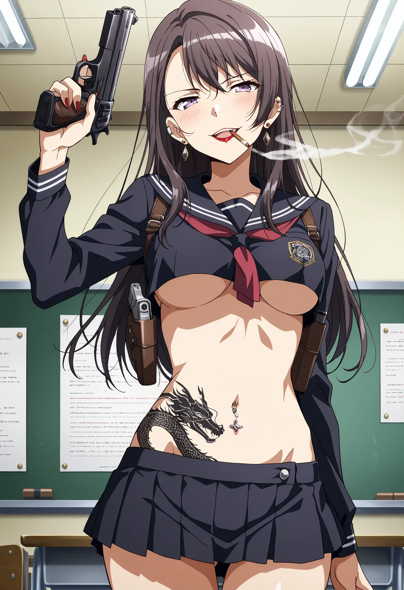 score_9, score_8_up, score_7_up, score_6_up, 1girl, mature female,
himegami, solo, navel, long hair, , jewelry, midriff, earrings, long hair, looking at viewer, , stadef, , ear piercing, long hair, blush, lipstick,Hot girl, baddie, smoking, sensual, attractive, masterpiece, best quality, highly detailed, a girls in sailor uniforms with a gun posing for a picture, evil
smile, smile, open mouth,black_serafuku, (nsfw) not safe for work, ecchi style, high school girls, holding
a gun, hold a gun, micro skirt, exposed belly, exposed navel, exposed midriff, holding pistol,underboob,
exposed lower belly,school, classroom, navel piercing,,,shoulder holster,,, dragon tattoo on waist, narrowed eyes, tattoo on waist,anipai_style , anime screencap , anime coloring, medium breast