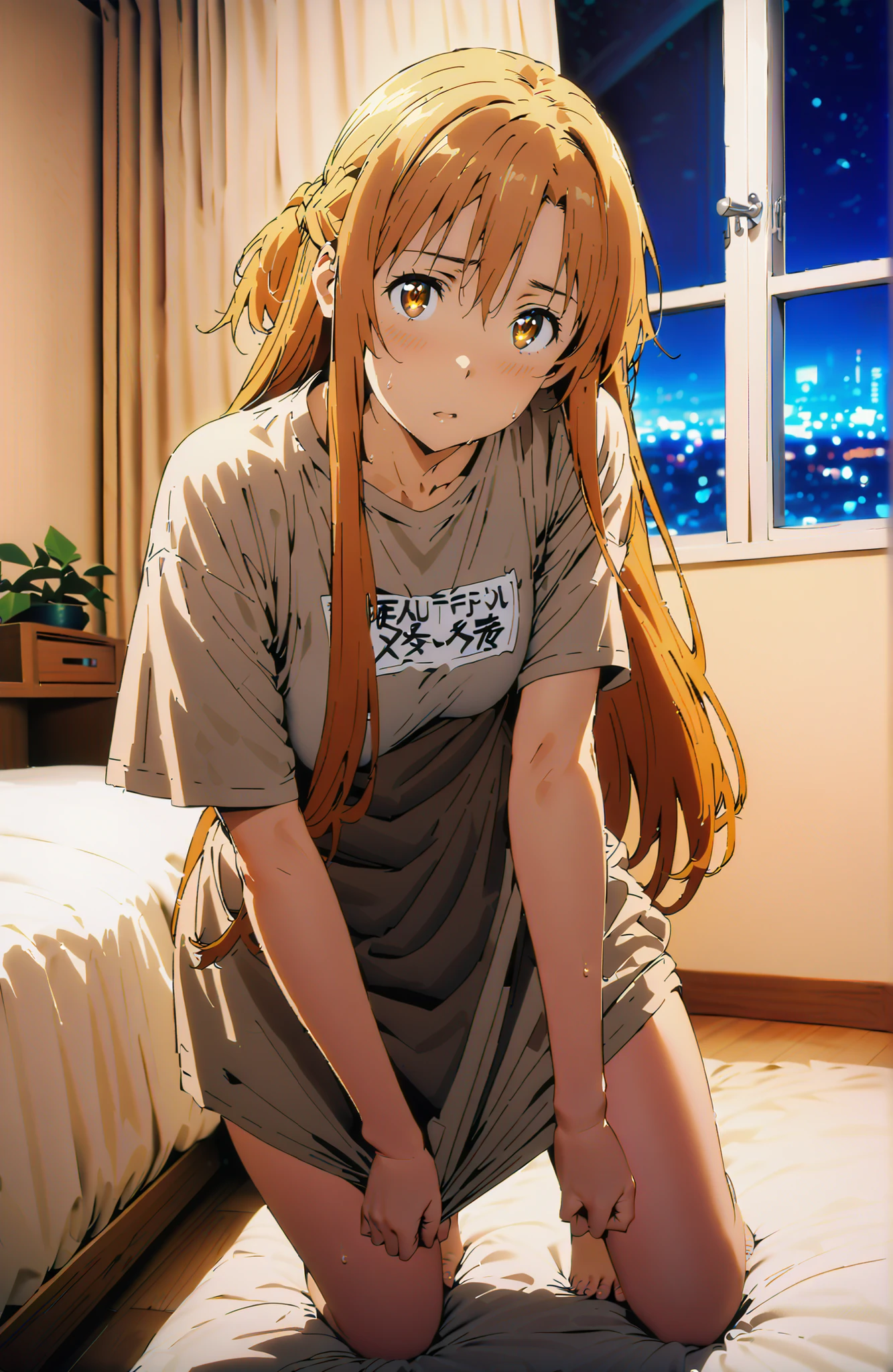 Asuna Yuki , long hair, bungs, Hair,brown eyes in the bedroom,Big Breasts,half up do,oversized t-shirt,black string panties,Short sleeve,Bare legs,standing,From shirt tag , Sweat shirt tug,bare feet,bending forward, Beautiful Streetscapes, beautiful night view with depth,embarrassing,mouth,blush,interior,curtains, bet,window,full bodyがイラストに入るように,in their 40s looking at viewer,full body,
in their 40s indoors, bedroom,
in their 40s (masterpiece:1.2), best quality, high resolution, Unity 8Kの壁紙, ( 's art :0.8), (beautiful detailed eyes:1.6), very detailed face, perfect lighting, very detailed CG, (perfect hand in h, Perfect Anatomy),