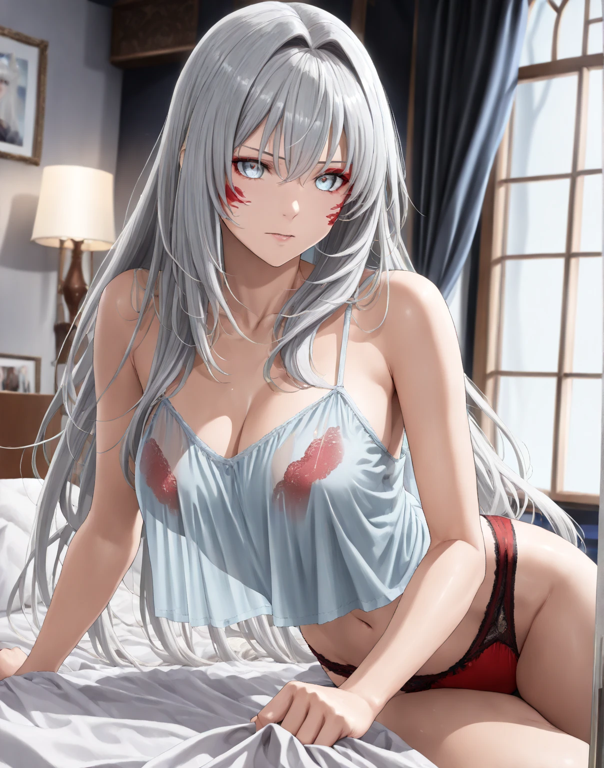 red eyes with long slit pupils, (highest quality, masterpiece painting:1.3), mature woman, 26 years old, (half body shot), masterpiece, ultra high resolution, (Photoreal:1.0), bright silver hair,beautiful shiny hair, white and shining skin, ((Ultra realistic details)), octane rendering, highly detailed face,(small breasts:1.0), ((vampire)), ((complete naked:1.2)),((botomless:1.2)), ((Creampie)), ((vaginal)),((much white fluid from vagina:1.2)), ((excessive cum)),((vaginal, sex)), ((supright straddle:1.2)), from side,((pretty pussy:1.2)), ((pussy juice)), (((Piledriver))),(((vaginal ejaculation))), (((cum on body, bukkake:1.2))), cleavage, perfect body, soft skin, anime face, perfect face, perfect eyes, looking at the viewer, smart, bedroom, on the bed, sharp focus, intricate details, professional artwork, (bright colors:1.1), bright colors, diffused lighting, digital blending, ultra-definition body, ultra detail hair, super detailed face, trending on pixiv, top button open, shy girl, Cute gaze, compensate, perfect lips, perfect compensate, Ultra-precision coating, (light_smile:0.8), Very embarrassed, blush your nose,