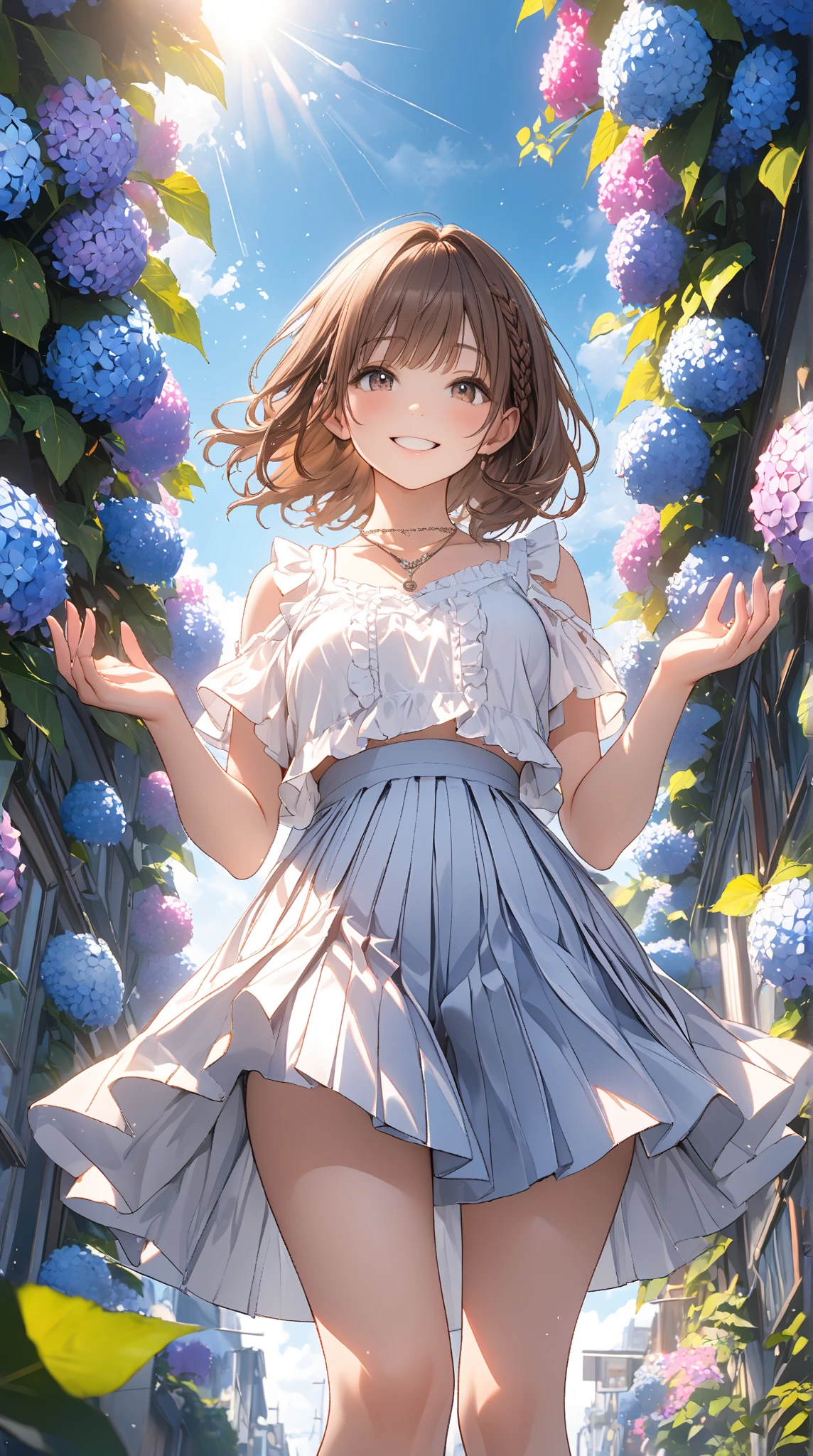 1girl,brown hair,corolla、have a bouquet、、white dress、woman wearing a dress、flower garden、masterpiece、highest quality、detailed、8K、