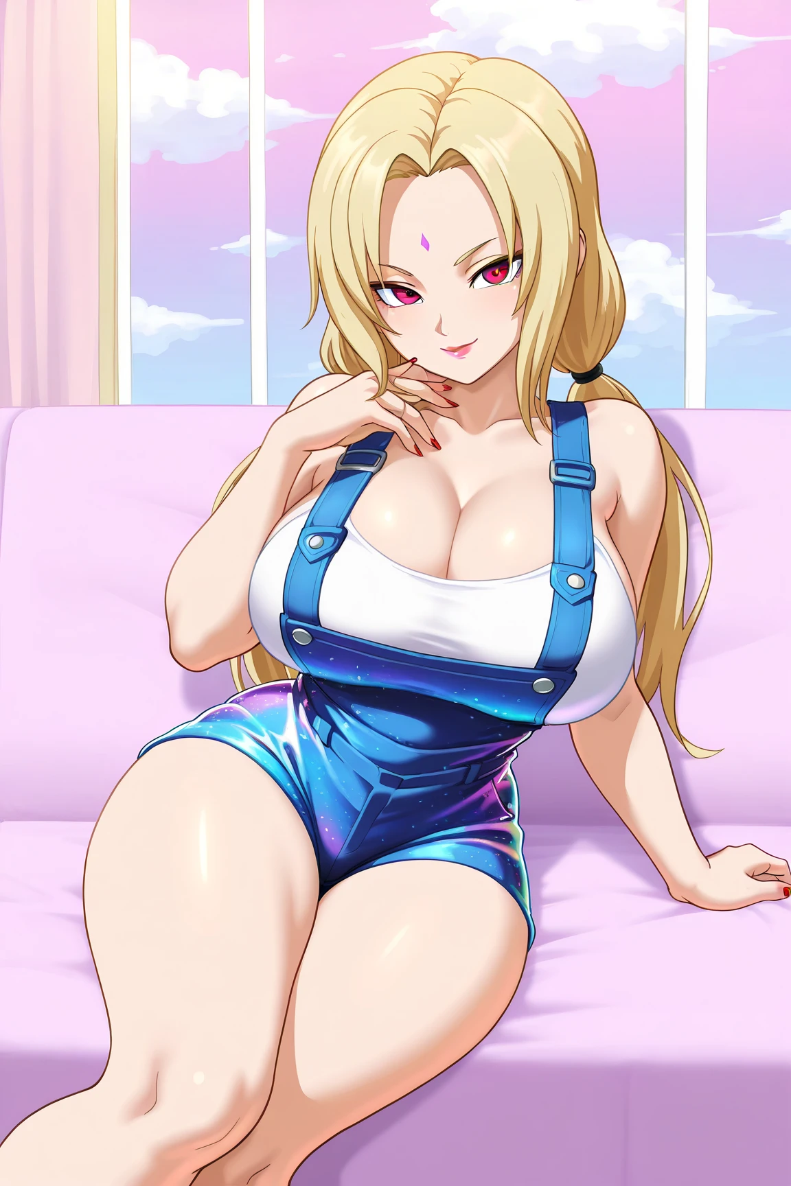 (masterpiece, highest quality, 16kAnime image quality, High resolution, Anime Style, Clean brush strokes, Very detailed, Perfect Anatomy, Browsing Caution), 1 girl, alone,((smusagitsukino)), Detailed face, Fine grain, Blonde, blue eyes, short hair, Bun Hair、Twin tails, Parted bangs, hair ornaments, smile, Cowboy Shot,Large Breasts:1.5,Tank top、Short length), smooth beautiful belly: 1.2, Wide hips:1.6, Big Ass:1.5, (Shorts:1.5, Short length、Jeans), (sit, Spread your legs、Get on one knee),Looking at the audience,Bedroom Background, sofa, alone,