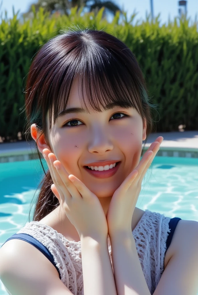 Woman smiling with arms outstretched in pool, Yoshitomo Nara, Chiho, Kazami Yuuka, Yasumoto Oka, Chiho ashima, Nishimiya Shoko, Aoi Ogata, Yuki Morita, Akiko Takase, tsugumi ohba, mao hamaguchi